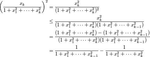 \begin{align*}
\bigg(\frac{x_k}{1 + x_1^2 + \cdots + x_k^2}\bigg)^2&=\frac{x_k^2}{(1 + x_1^2 + \cdots + x_k^2)^2}\\
&\le\frac{x_k^2}{(1 + x_1^2 + \cdots + x_k^2)(1 + x_1^2 + \cdots + x_{k-1}^2)}\\
&=\frac{(1 + x_1^2 + \cdots + x_k^2)-(1 + x_1^2 + \cdots + x_{k-1}^2)}{(1 + x_1^2 + \cdots + x_k^2)(1 + x_1^2 + \cdots + x_{k-1}^2)}\\
&=\frac{1}{1 + x_1^2 + \cdots + x_{k-1}^2}-\frac{1}{1 + x_1^2 + \cdots + x_k^2}
\end{align*}