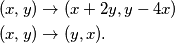 \begin{align*}
        (x,y) &\rightarrow (x+2y, y-4x)\\
        (x,y) &\rightarrow (y,x)\text.
    \end{align*}