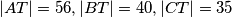 |AT|=56, |BT|=40, |CT|=35