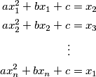 \begin{align*}
ax_1^2+bx_1+c &= x_{2} \\
ax_2^2+bx_2 +c &= x_3 \\
\vdots \\
ax_n^2+bx_n+c &= x_1
\end{align*}