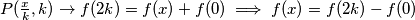 P(\frac{x}{k},k)\rightarrow f(2k)=f(x)+f(0)\implies f(x)=f(2k)-f(0)