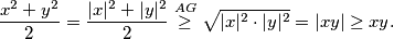 \begin{equation*}
    \frac{x^2+y^2}{2}=\frac{|x|^2+|y|^2}{2}\overset{AG}{\geq}\sqrt{|x|^2\cdot|y|^2}=|xy|\geq xy\text.
\end{equation*}