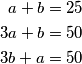 \begin{align*}
a + b &= 25 \\
3a + b &= 50 \\
3b + a &= 50
\end{align*}