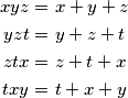 \begin{align*}
        xyz=&\ x+y+z\\
        yzt=&\ y+z+t\\
        ztx=&\ z+t+x\\
        txy=&\ t+x+y
    \end{align*}