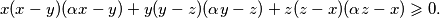 x(x - y)(\alpha x - y) + y(y - z)(\alpha y - z) + z(z - x)(\alpha z - x) \geqslant 0.