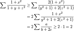 \begin{align*}
\sum \frac{1 + x^2}{1 + y + z^2} &\geq \sum \frac{2(1 + x^2)}{(y^2 + 1) + 2(z^2 + 1)}\\
 &= 2 \sum \frac{1 + x^2}{y^2 + 1 + 2(z^2 + 1)}\\
&= 2 \sum \frac{a}{b + 2c} \geq 2 \cdot 1 = 2
\end{align*}