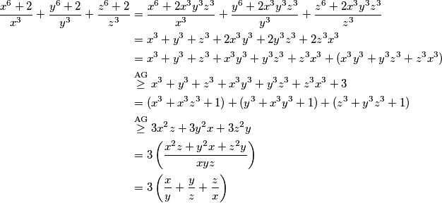 \begin{align*}
\frac{x^6 + 2}{x^3} + \frac{y^6 + 2}{y^3} + \frac{z^6 + 2}{z^3}&=\frac{x^6 + 2x^3y^3z^3}{x^3} + \frac{y^6 + 2x^3y^3z^3}{y^3} + \frac{z^6 + 2x^3y^3z^3}{z^3}\\
&=x^3+y^3+z^3+2x^3y^3+2y^3z^3+2z^3x^3\\
&=x^3+y^3+z^3+x^3y^3+y^3z^3+z^3x^3+(x^3y^3+y^3z^3+z^3x^3)\\
&\stackrel{\text{AG}}{\ge}x^3+y^3+z^3+x^3y^3+y^3z^3+z^3x^3+3\\
&=(x^3+x^3z^3+1)+(y^3+x^3y^3+1)+(z^3+y^3z^3+1)\\
&\stackrel{\text{AG}}{\ge} 3x^2z+3y^2x+3z^2y\\
&=3\left(\frac{x^2z+y^2x+z^2y}{xyz}\right)\\
&=3\left( \frac{x}{y} + \frac{y}{z} + \frac{z}{x} \right) 
\end{align*}