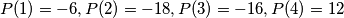 P(1)=-6, P(2)=-18, P(3)=-16, P(4)=12