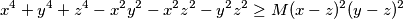 x^4+y^4+z^4-x^2y^2-x^2z^2-y^2z^2 \ge M(x-z)^2(y-z)^2