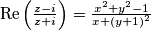 \mbox{Re}\left(\frac{z-i}{z+i}\right) = \frac{x^2+y^2-1}{x+(y+1)^2}