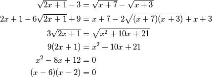 \begin{align*}
    \sqrt{2x+1}-3&=\sqrt{x+7}-\sqrt{x+3}\\
    2x+1-6\sqrt{2x+1}+9&=x+7-2\sqrt{(x+7)(x+3)}+x+3\\
    3\sqrt{2x+1}&=\sqrt{x^2+10x+21}\\
    9(2x+1)&=x^2+10x+21\\
    x^2-8x+12&=0\\
    (x-6)(x-2)&=0
\end{align*}