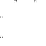 
\setlength{\unitlength}{40pt}
\begin{center}
\begin{picture}(2.3, 2.3)(-0.3, 0)
\put(0, 0){\line(0, 1){2}}
\put(1, 0){\line(0, 1){2}}
\put(2, 1){\line(0, 1){1}}
\put(0, 0){\line(1, 0){1}}
\put(0, 1){\line(1, 0){2}}
\put(0, 2){\line(1, 0){2}}
\put(-0.3, 0.4){$n$}
\put(-0.3, 1.4){$n$}
\put(0.4, 2.2){$n$}
\put(1.4, 2.2){$n$}
\end{picture}
\end{center}
