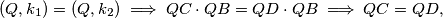 (Q, k_1) = (Q, k_2) \implies QC\cdot QB = QD\cdot QB \implies QC = QD,