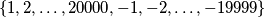 \{1, 2, \ldots, 20000,  -1, -2, \ldots, -19999 \}