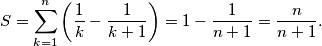 S = \sum_{k=1}^{n} \left( \frac{1}{k} - \frac{1}{k+1} \right) = 1-\frac{1}{n+1} = \frac{n}{n+1}.