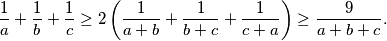 \dfrac{1}{a}+\dfrac{1}{b}+\dfrac{1}{c}\geq 2\left(\dfrac{1}{a+b}+\dfrac{1}{b+c}+\dfrac{1}{c+a} \right)\geq \dfrac{9}{a+b+c}.