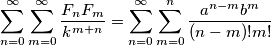 \sum_{n=0}^{\infty} \sum_{m=0}^{\infty} \frac{F_nF_m}{k^{m+n}} = \sum_{n=0}^{\infty} \sum_{m=0}^{n} \frac{a^{n-m}b^m}{(n-m)!m!}