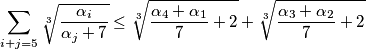 \sum_{i + j = 5} \sqrt[3]{\frac{\alpha_i}{\alpha_j + 7}}\le \sqrt[3]{\frac{\alpha_4+\alpha_1}{7} + 2}+\sqrt[3]{\frac{\alpha_3+\alpha_2}{7} + 2}